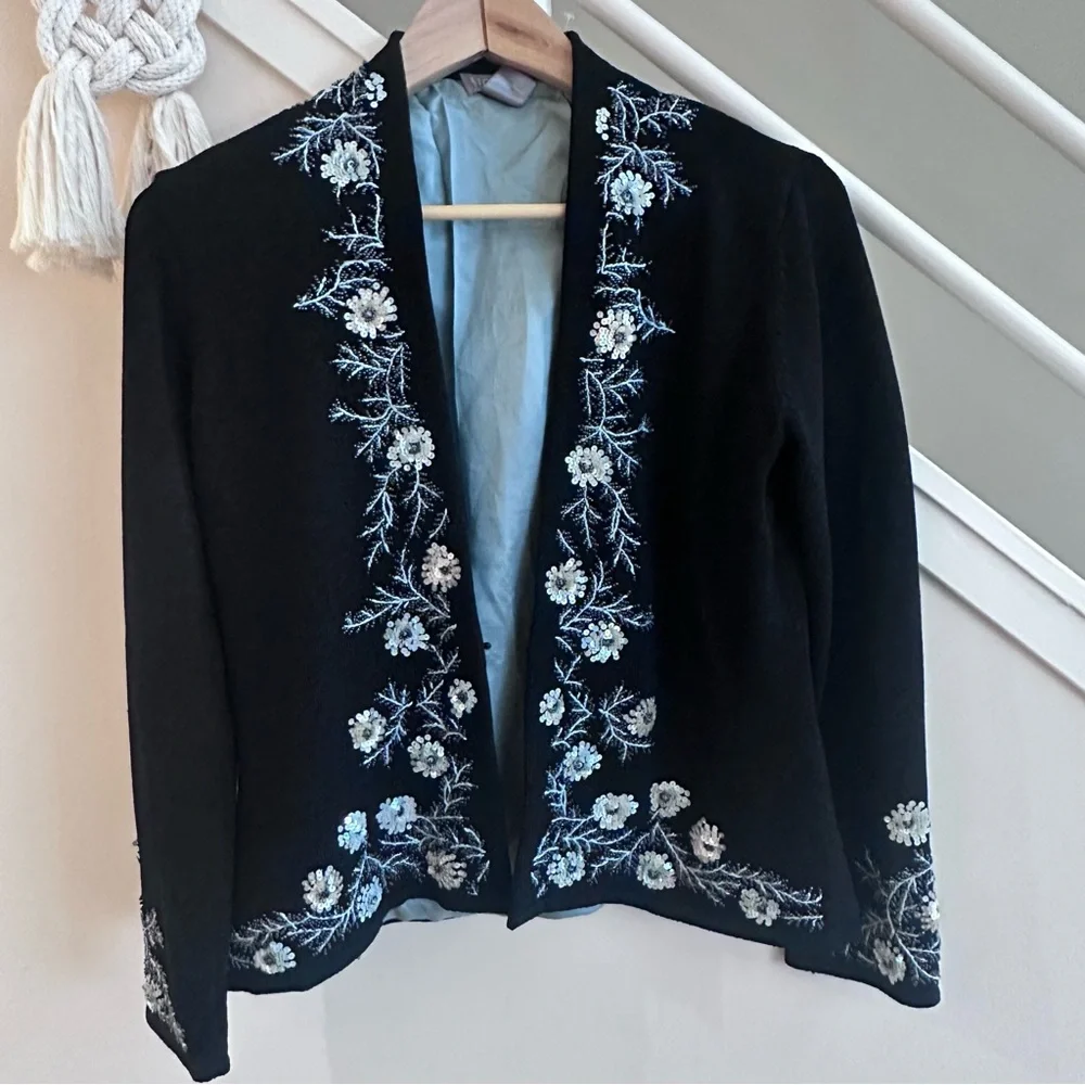 Sigrid Olsen Floral Parisian Party Beaded Sequin Cardigan Sweater Black Size SP